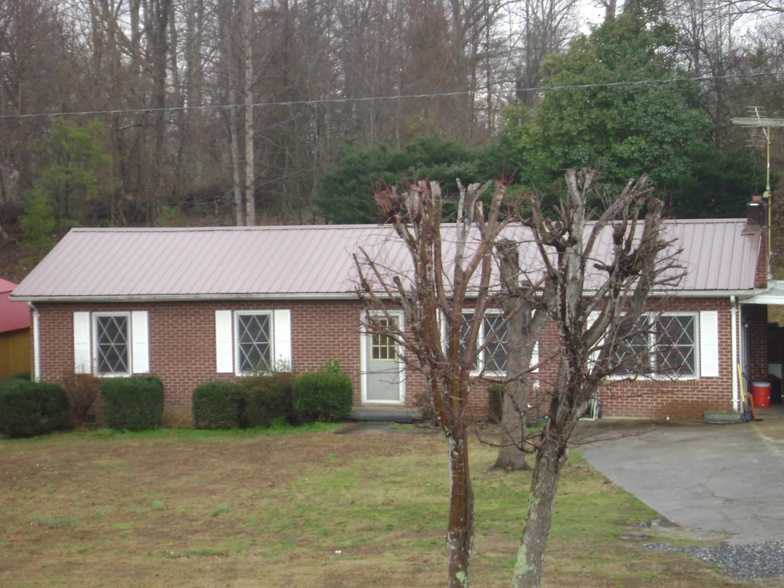 Mauve metal roof on a brick ranch home behind bare trees in Kilbourne